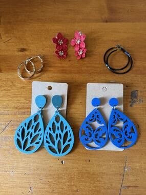 Colorful Statement Earring Lot Wood Cutout Teardrops Floral Hoops Bundle 5 Pair